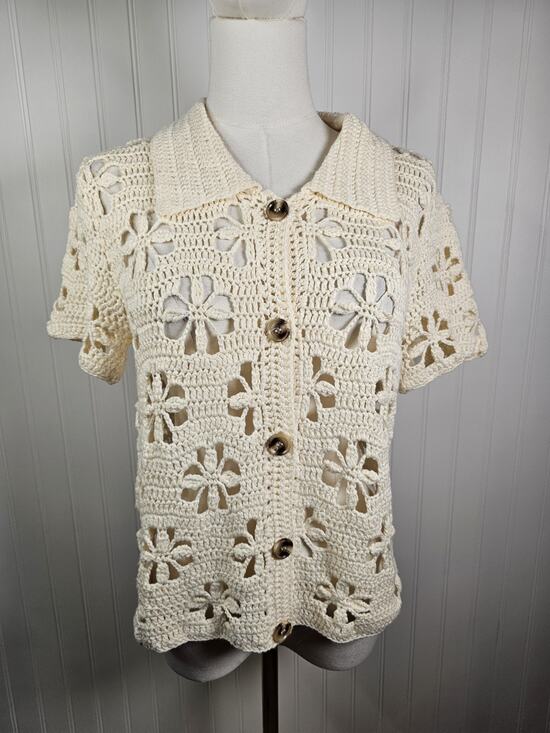 Miracle Tops - Miracle Floral Cream Crocheted Button Up Sweater Women's M/L Bohemian Festival